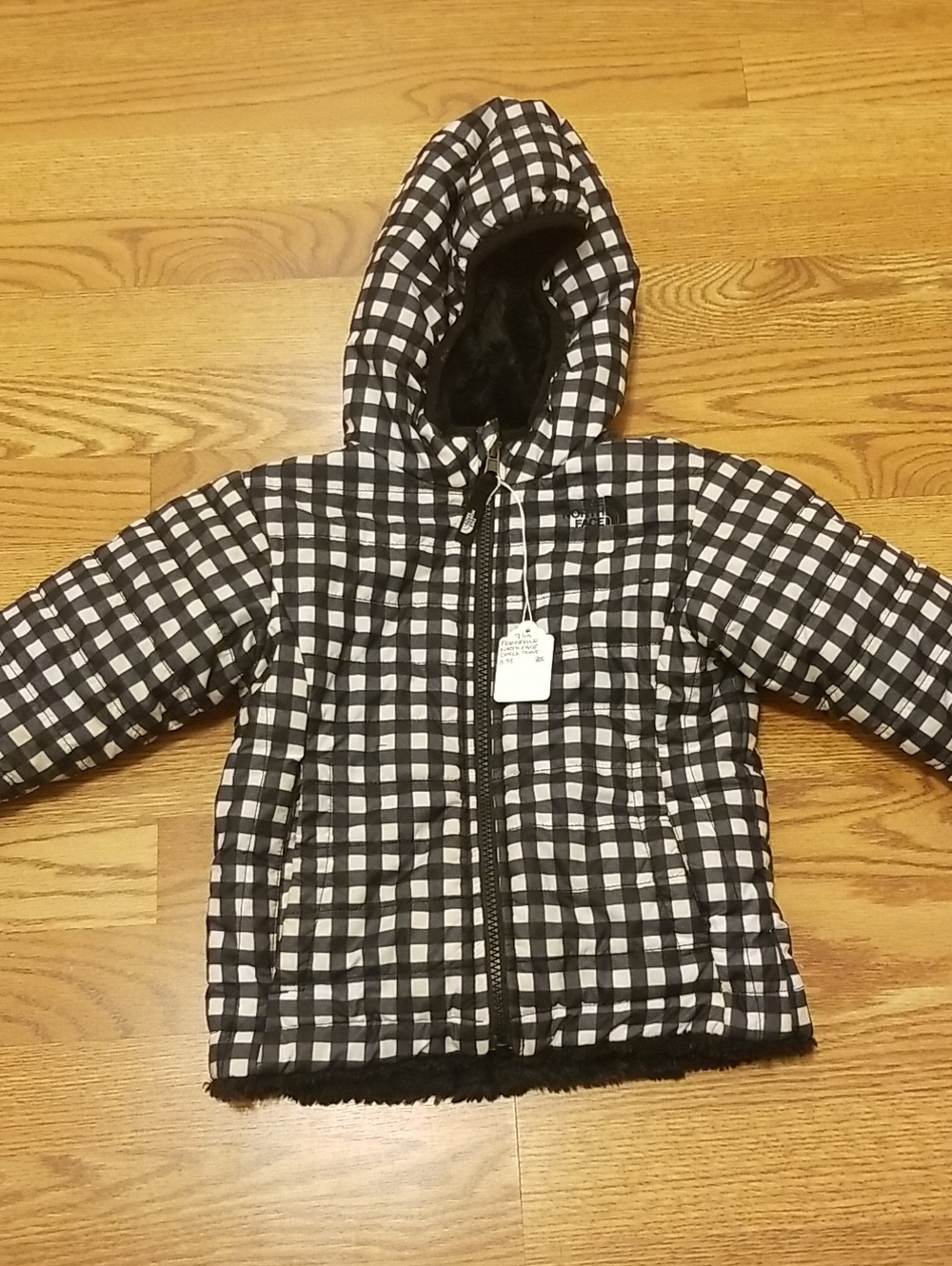 The North Face Girls' Black & White Check Hooded Puffer